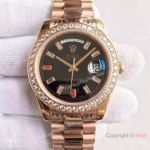 (EW) Swiss CAL3255 Rolex Ruby DayDate II Rose Gold Baguettes Watch Diamond Bezel